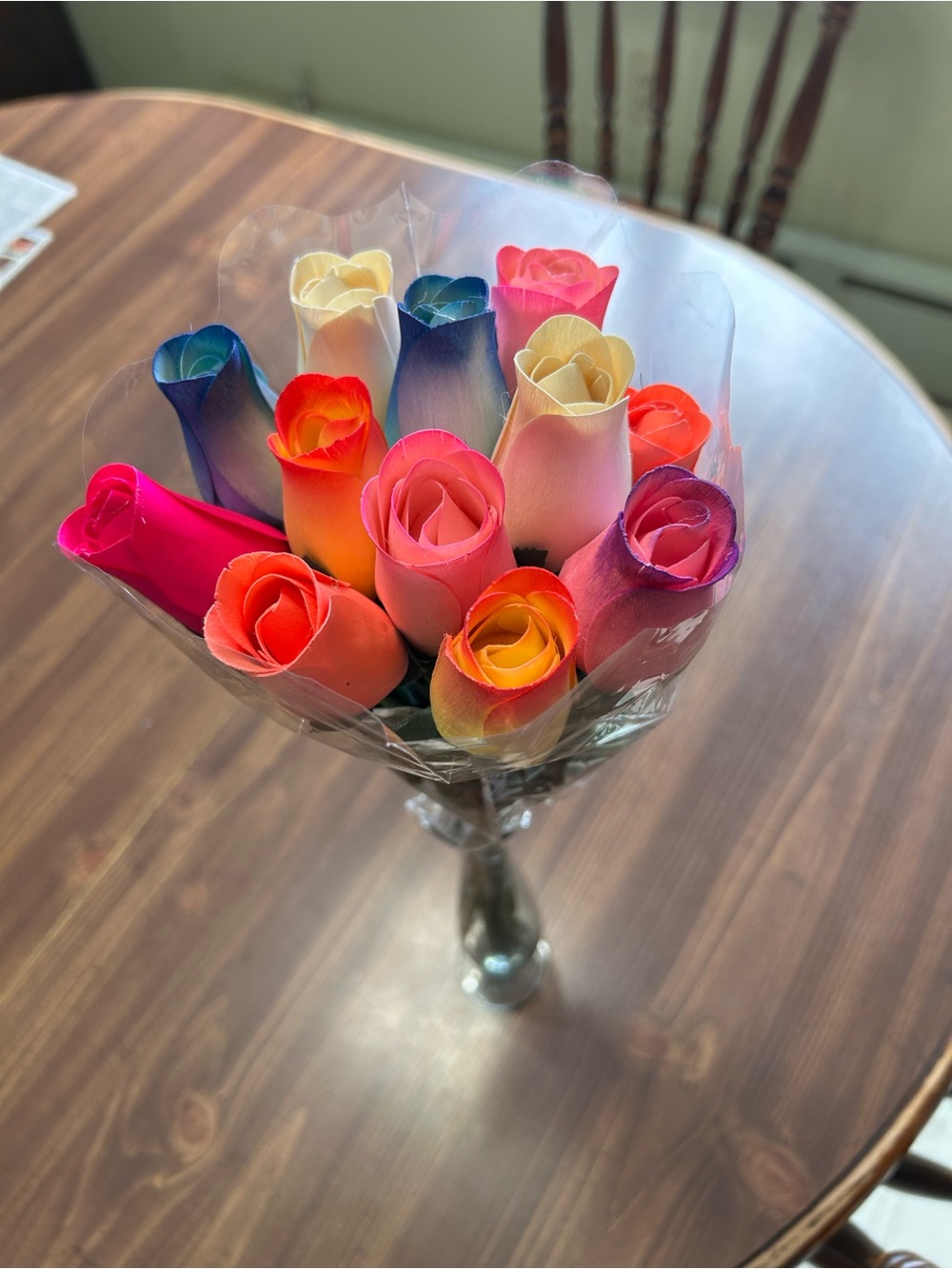 Multicolor Rainbow Rose Bouquet - Thin wooden Decorative Party Flowers 1 Dozen